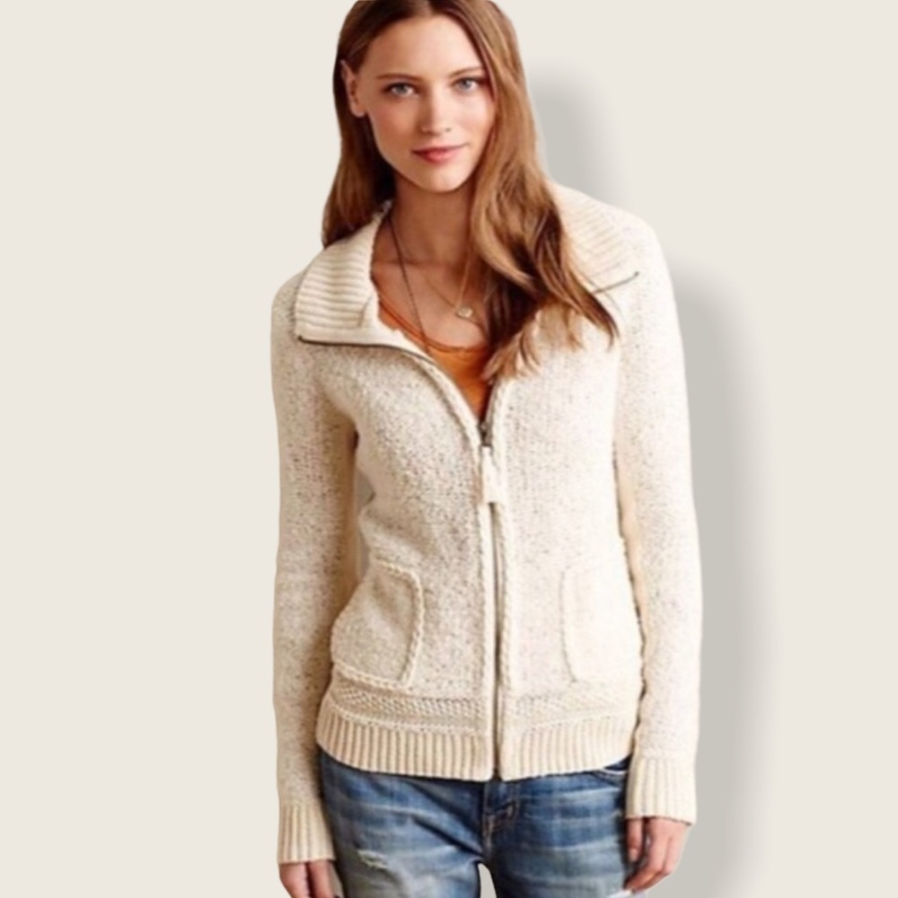 Anthropologie Sleeping in the Snow cream embellished knit zip cardigan sweater